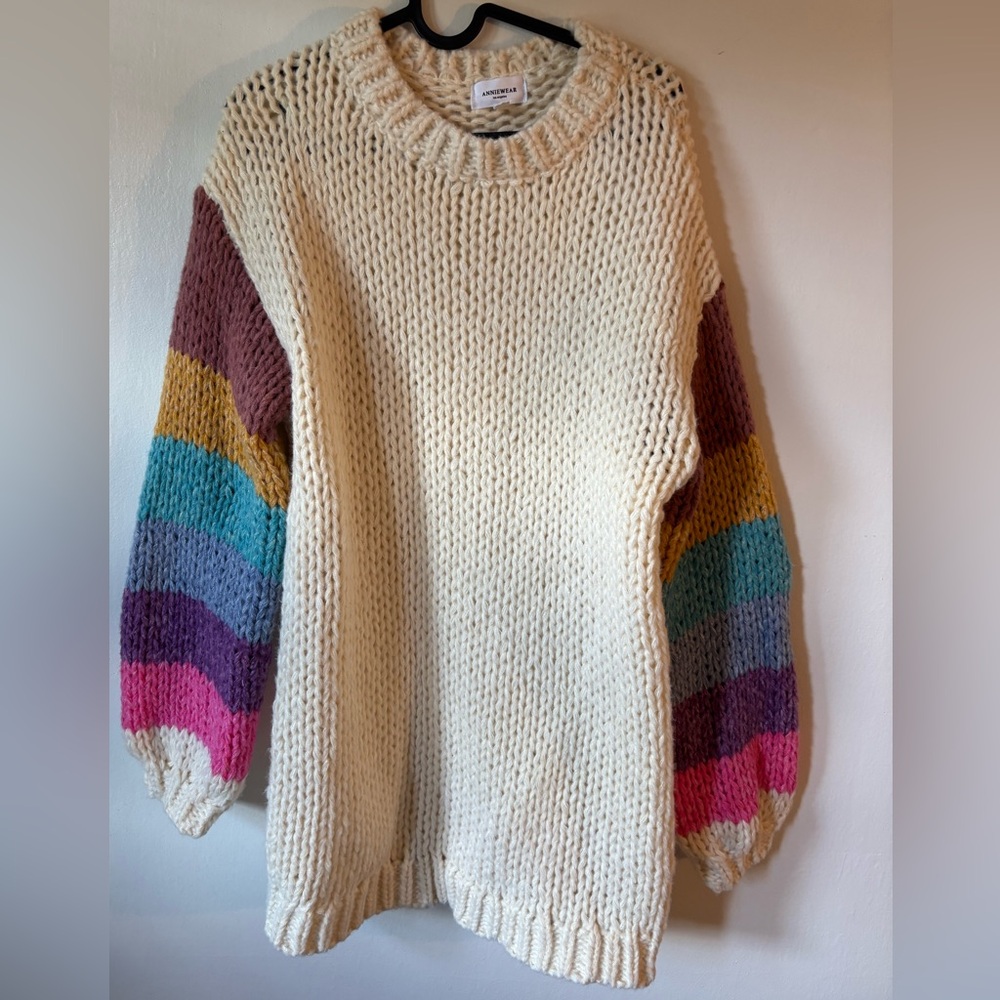 Annie Cream Sweater with Multicolor Striped Sleeves